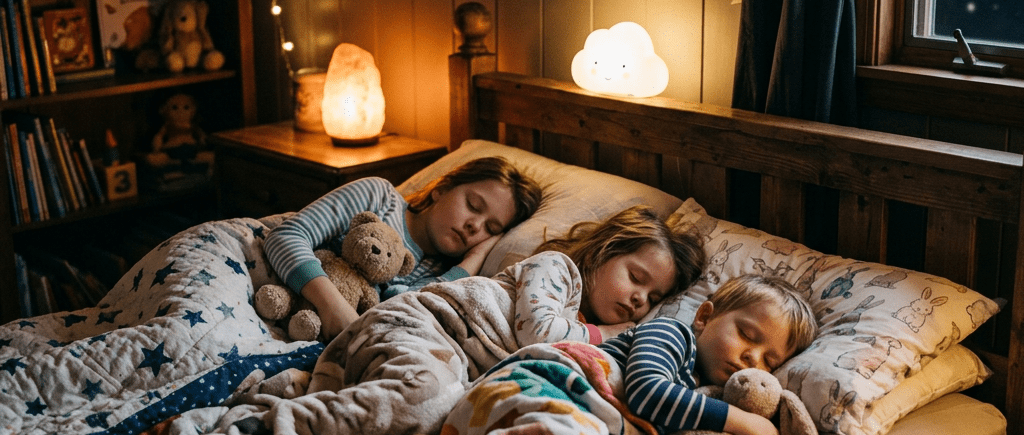 Three children sleeping peacefully in bed with stuffed animals, under cozy blankets.